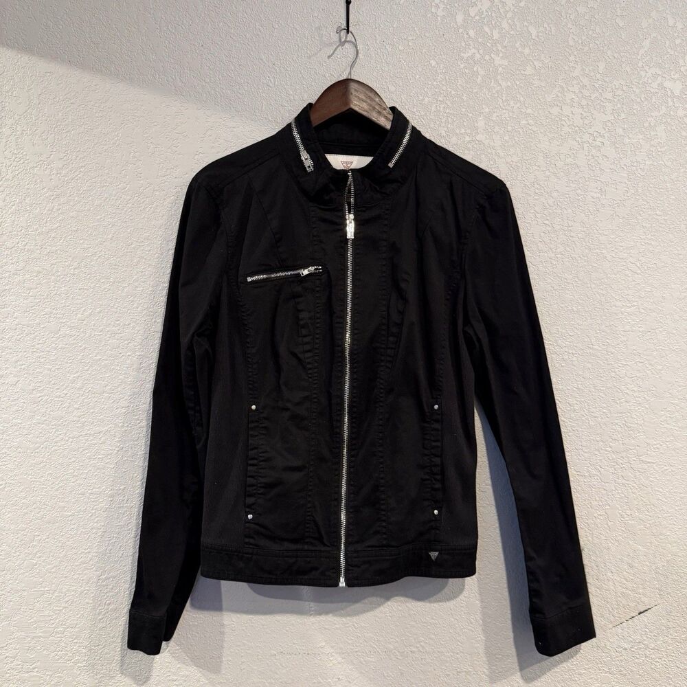 Guess Los Angeles Black Silver Zipper Motto Jacket Women’s Size Large Biker